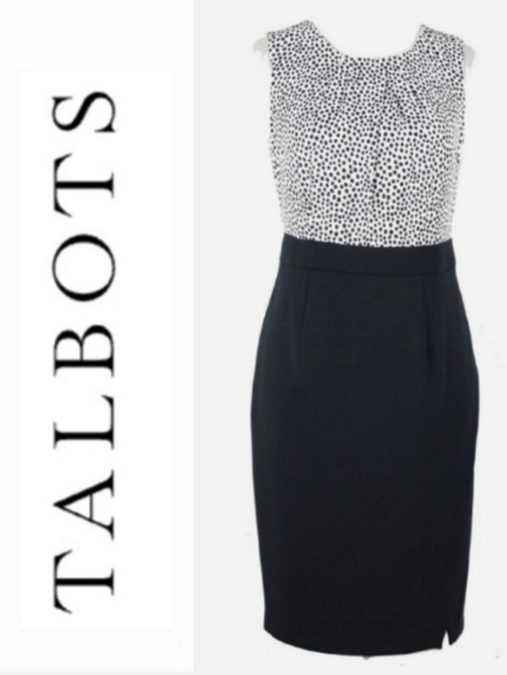 Talbots Blouson Pencil Sheath Dress Sz 4P Black/White Polka Dot